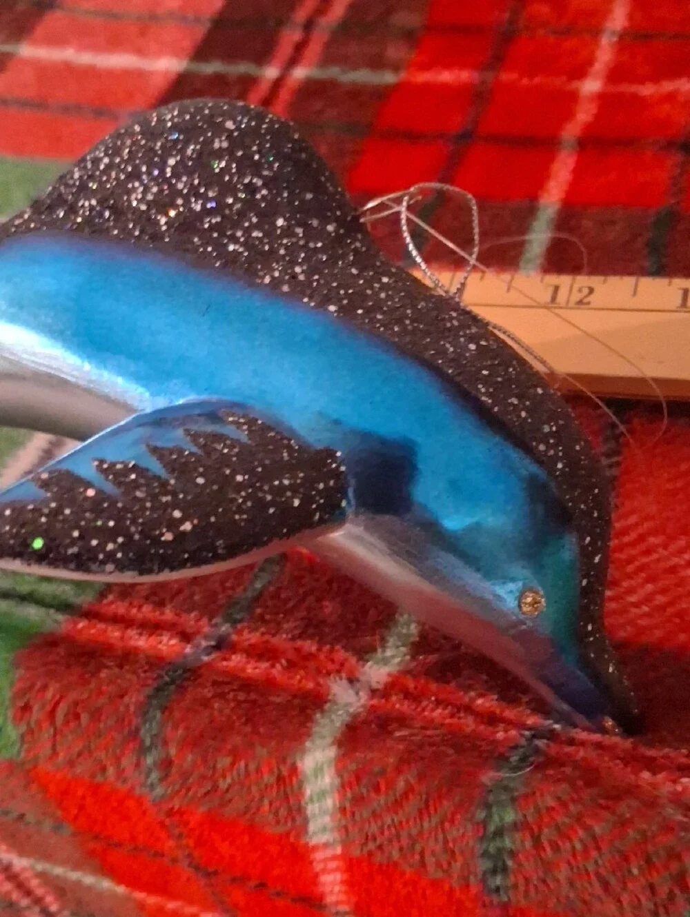 Blue Glitter Dolphin Fish Ornament - Vintage